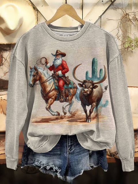 Cowboy Santa Print Casual Cotton Sweatshirt