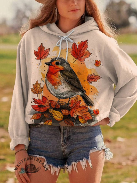 Fall & Bird Print Cotton Casual Hoodie Sweatshirt