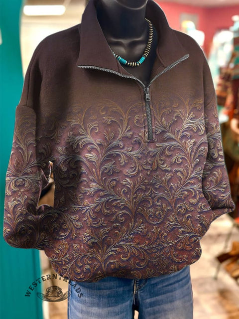 Brown Print Casual Long Sleeve Zip Sweatshirt