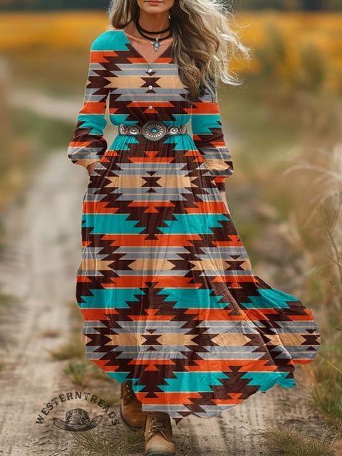 Women's Aztec Print V-Neck Button Pocket Cotton Dress