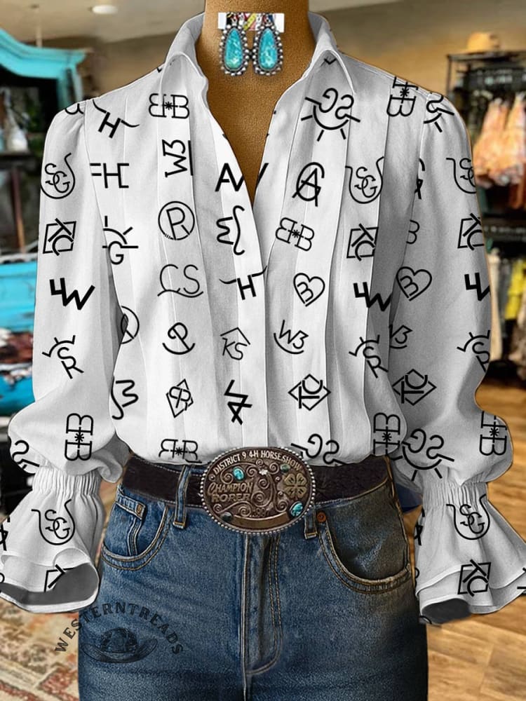 Women's Cattle Brands Print Casual Cotton And Linen Shirt