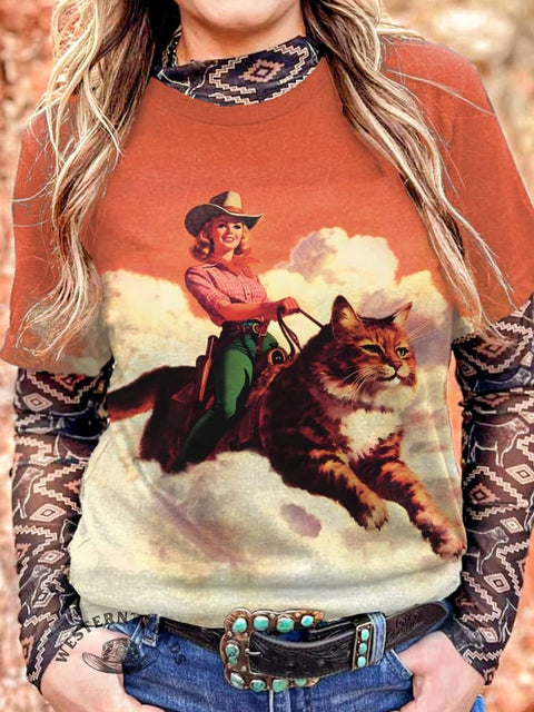 Woman Riding Big Cat Print T-shirt
