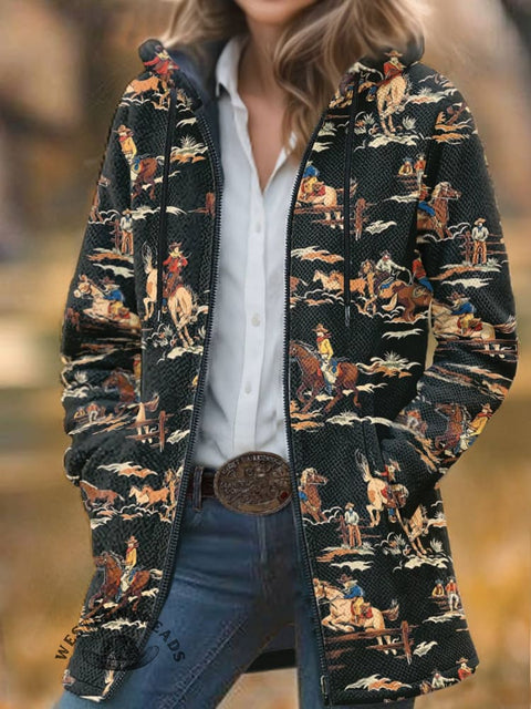Black Classic West Print Unisex Plush Thick Long-Sleeved Sweater Cardigan Coat