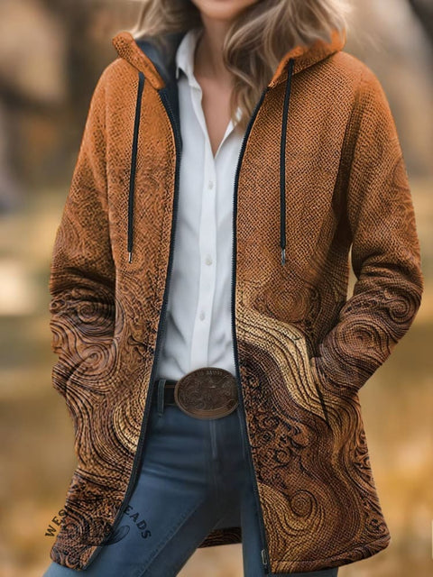 Brown Print Unisex Plush Thick Long-Sleeved Cardigan Coat