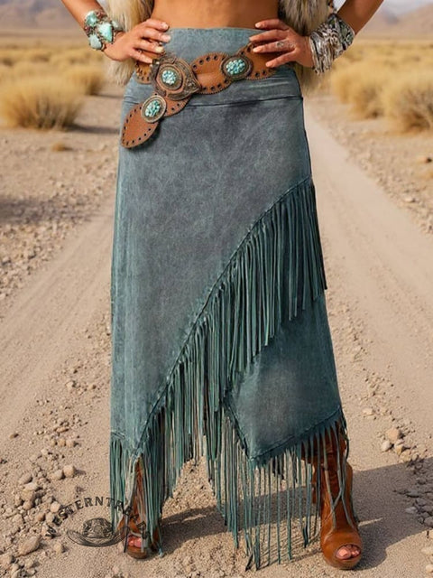 Asymmetrical Fringe Tassel Maxi Skirt