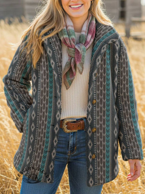 Women's Aztec Print Casual Sherpa Coat Cardigan