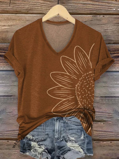 Women's Sunflower Print V-neck Casual T-Shirt