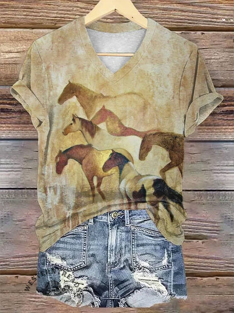 Women's Horse Art V-neck Casual T-Shirt