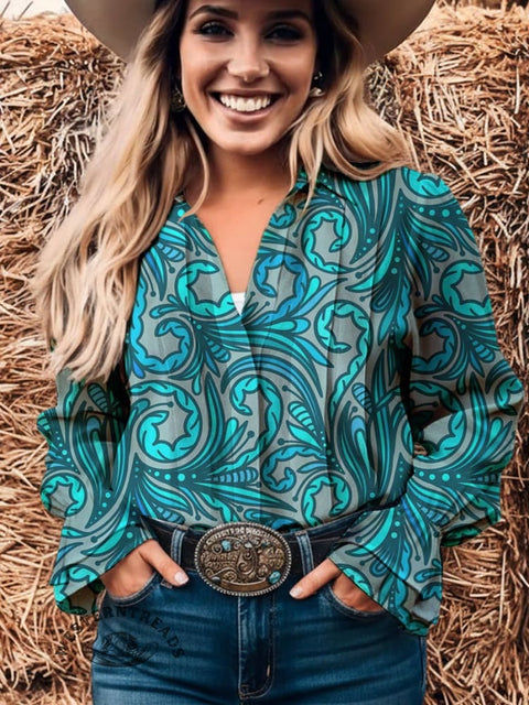 Women's Green Print Casual Cotton And Linen Shirt