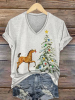 Women's Christmas Tree Print V-neck Casual T-Shirt