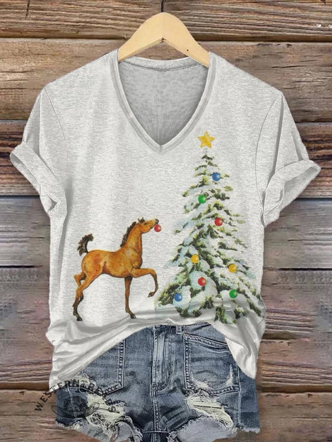 Women's Christmas Tree Print V-neck Casual T-Shirt