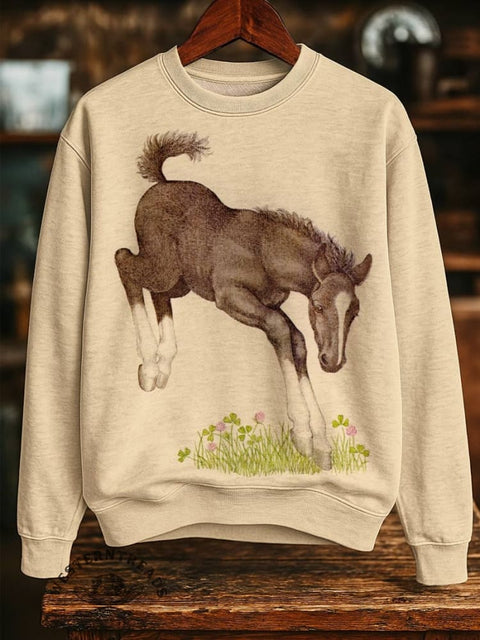 Horse Art Print Casual Cotton Sweatshirt