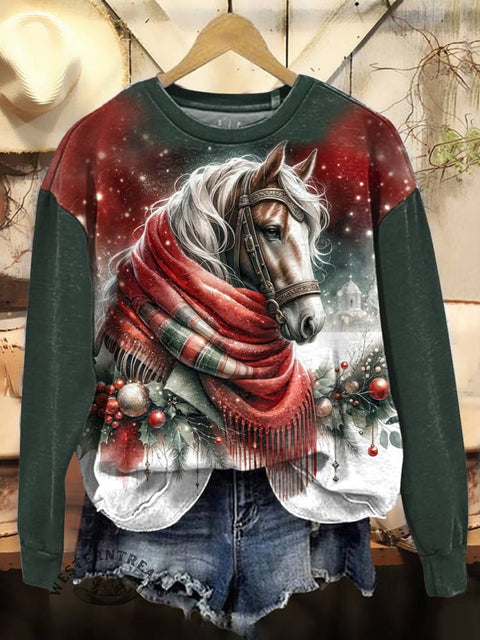 Horse Art Christmas Print Casual Cotton Sweatshirt