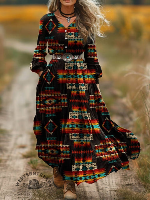 Women's Aztec Print V-Neck Button Pocket Cotton Dress