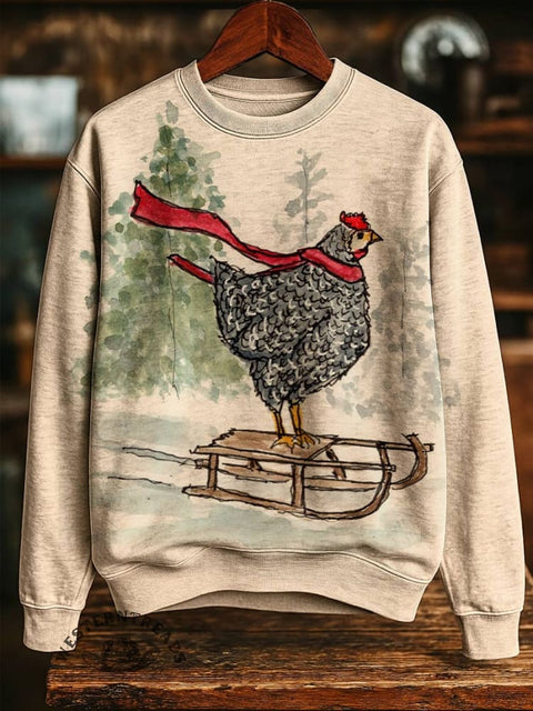 Christmas Chicken Print Casual Cotton Sweatshirt