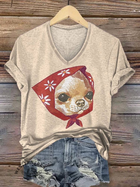 Women's Dog Print V-neck Casual T-Shirt