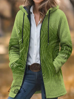 Green Print Unisex Plush Thick Long-Sleeved Cardigan Coat