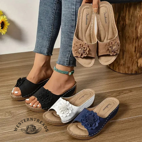 Women's Floral Wedge Open Toe Outerwear Slippers