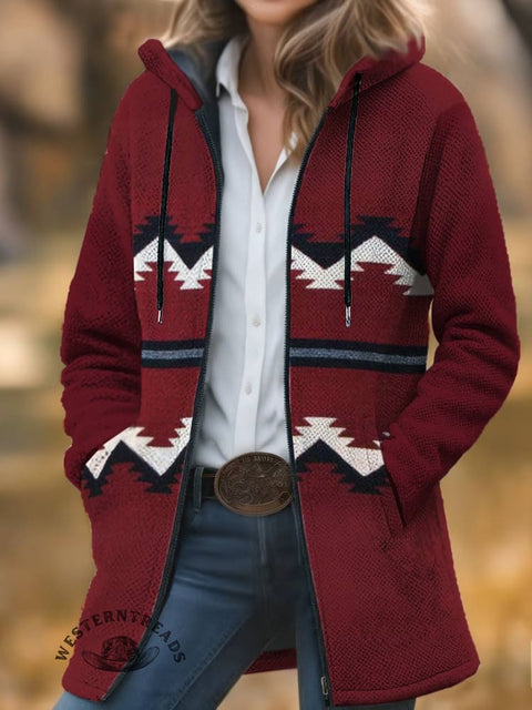 Red Aztec Print Unisex Plush Thick Long-Sleeved Cardigan Coat