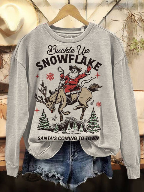 Cowboy Santa Print Casual Cotton Sweatshirt