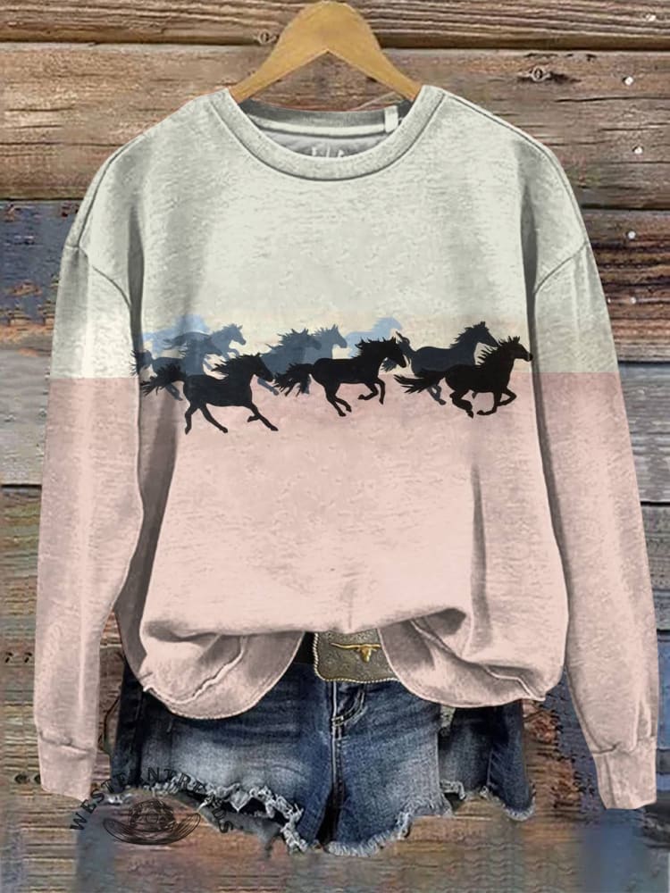 Horse Art Casual Print Cotton Sweatshirt