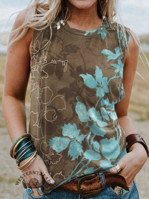 Women's Brown Plant Print Casual Tank Top
