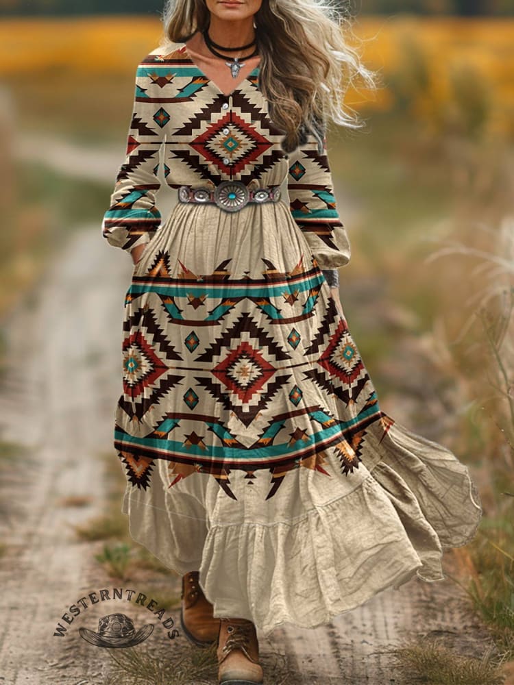 Women's Aztec Print V-Neck Button Pocket Cotton Dress