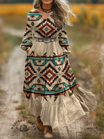 Women's Aztec Print V-Neck Button Pocket Cotton Dress