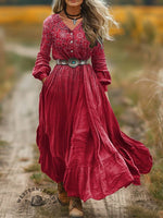 Women's Red Paisley Print V-Neck Button Pocket Cotton Dress