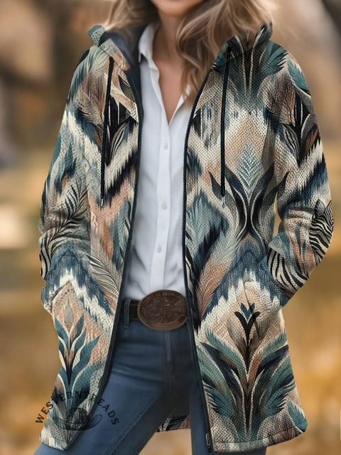 Feather Print Unisex Plush Thick Long-Sleeved Cardigan Coat