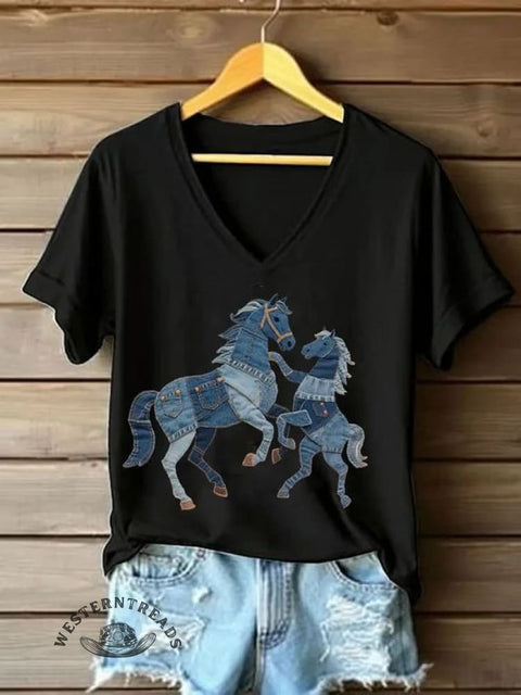 Women's Horse Art Print V-neck Casual T-Shirt