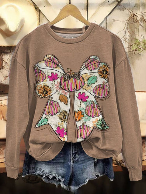 Pumpkin Bowknot Print Casual Cotton Sweatshirt
