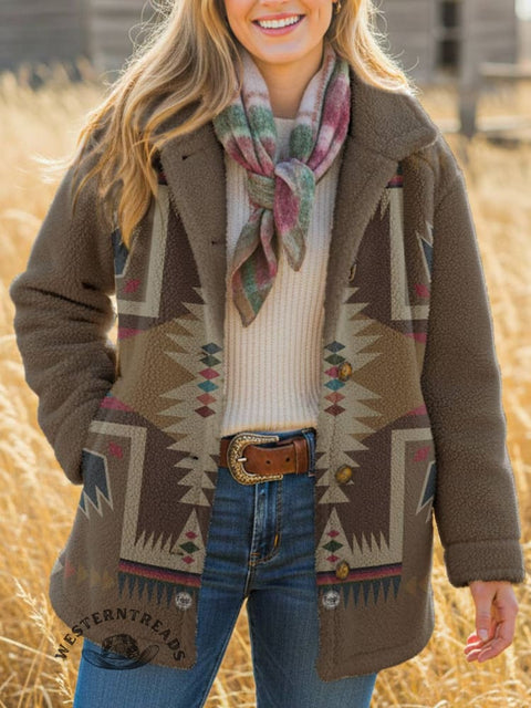 Women's Aztec Print Casual Sherpa Coat Cardigan