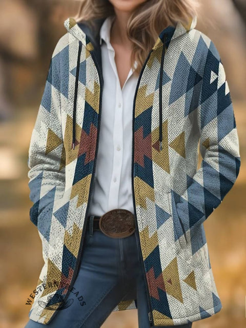 Aztec Print Unisex Plush Thick Long-Sleeved Cardigan Coat