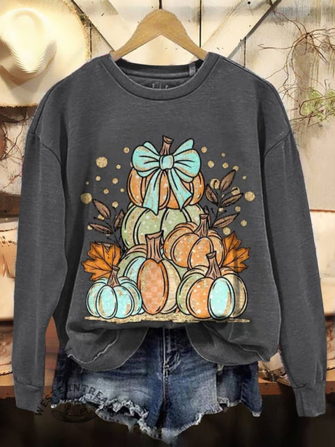 Pumpkin Print Casual Cotton Sweatshirt