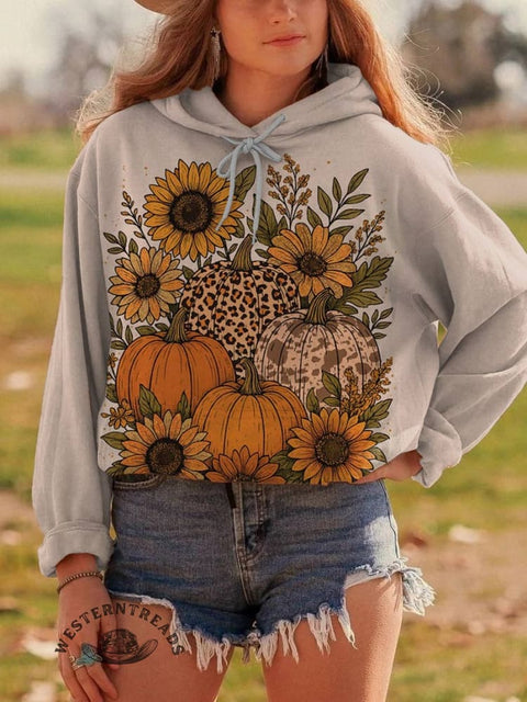 Pumpkins & Sunflowers Print Cotton Casual Hoodie Sweatshirt