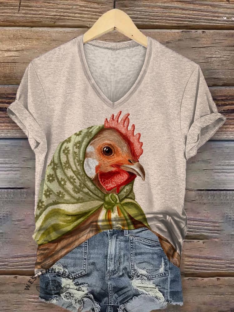 Women's Chicken Print V-neck Casual T-Shirt