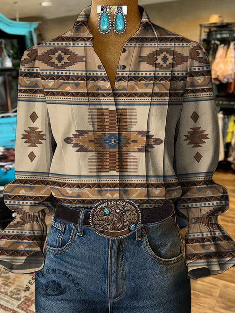 Women's Aztec Print Casual Cotton And Linen Shirt