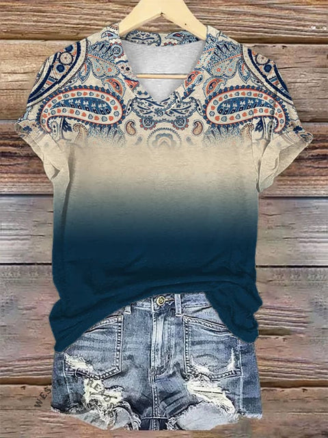 Women's Paisley V-neck Casual T-Shirt