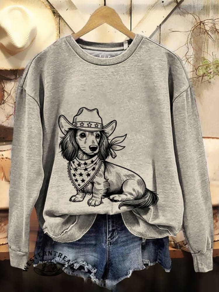 Women's Western Cowboy Dog Print V-neck Casual T-Shirt
