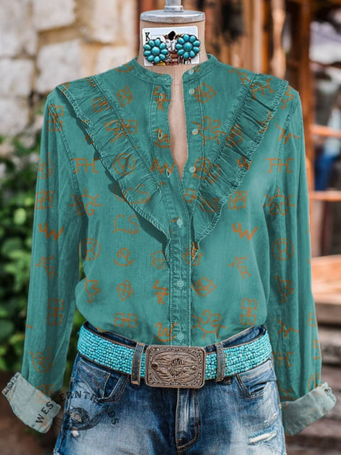 Women's Cattle Brands Print Casual Cotton And Linen Shirt