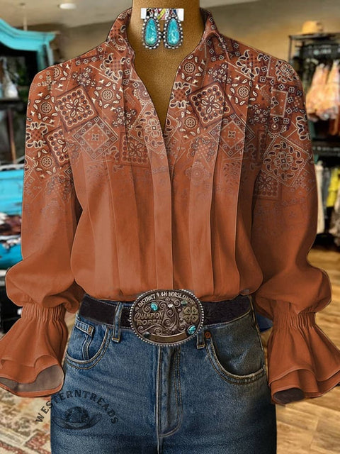 Women's Paisley Print Casual Cotton And Linen Shirt