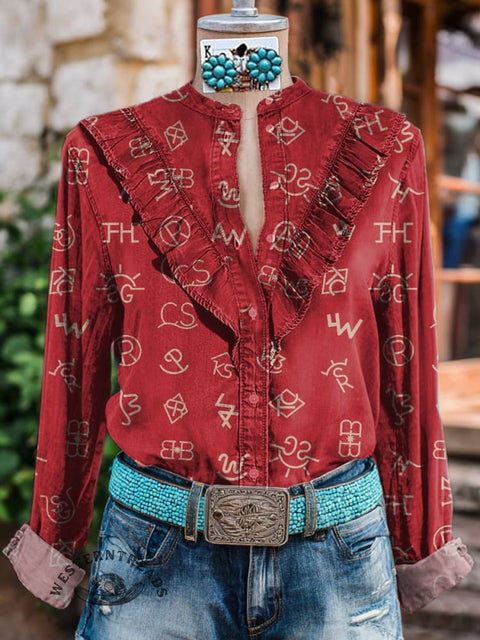 Women's Cattle Brands Print Casual Cotton And Linen Shirt