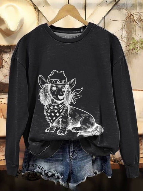Women's Western Cowboy Dog Print V-neck Casual T-Shirt