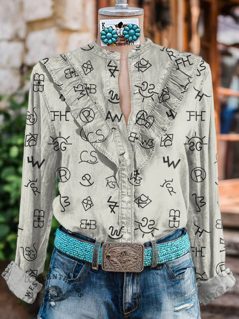 Women's Cattle Brands Print Casual Cotton And Linen Shirt