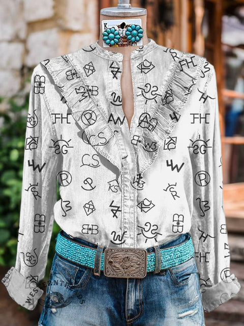 Women's Cattle Brands Print Casual Cotton And Linen Shirt