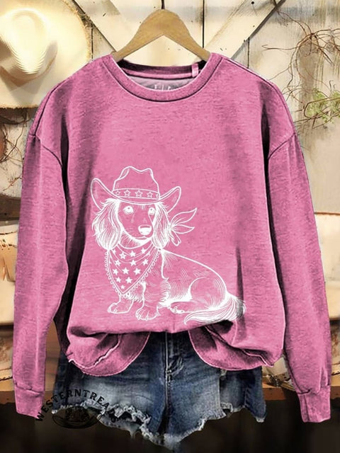 Women's Western Cowboy Dog Print V-neck Casual T-Shirt