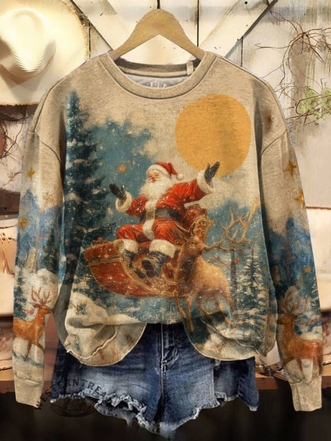 Christmas Art Print Casual Cotton Sweatshirt