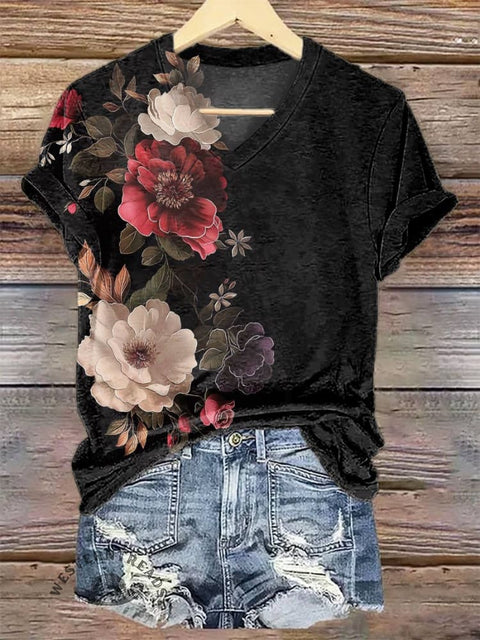Women's Flower V-neck Casual T-Shirt