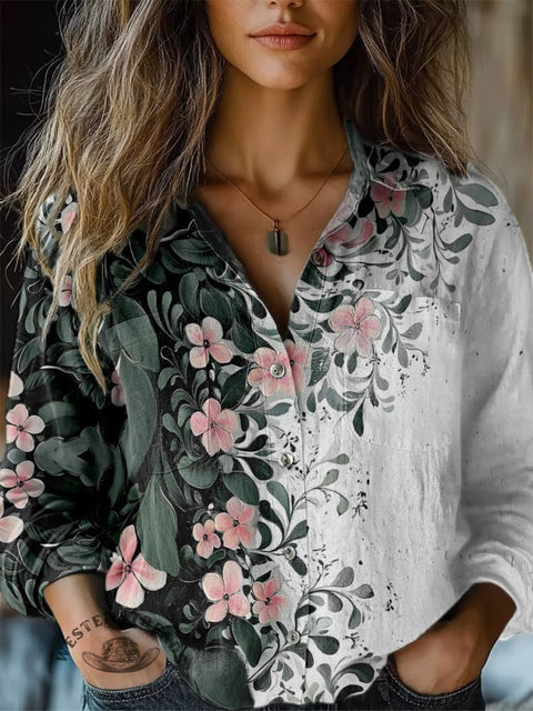 Women's Flower Print Casual Long Sleeve Comfortable Cotton Shirt